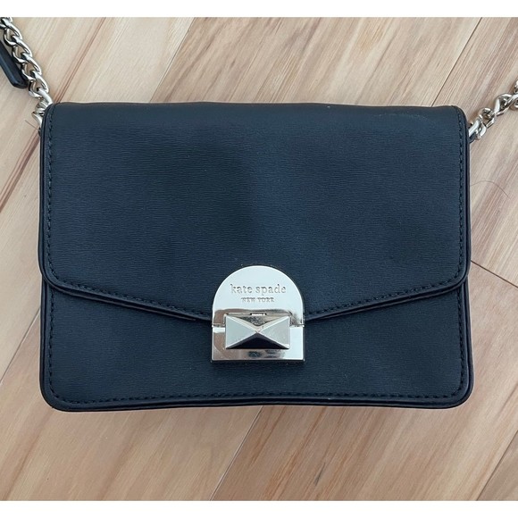 Kate Spade Convertible Flap Crossbody Black Gold Neve Medium Chain Purse Bag - Picture 2 of 11